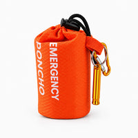 Orange drawstring storage pouch for the poncho, with a gold carabiner and whistle clipped to the loop, on a white background. 7