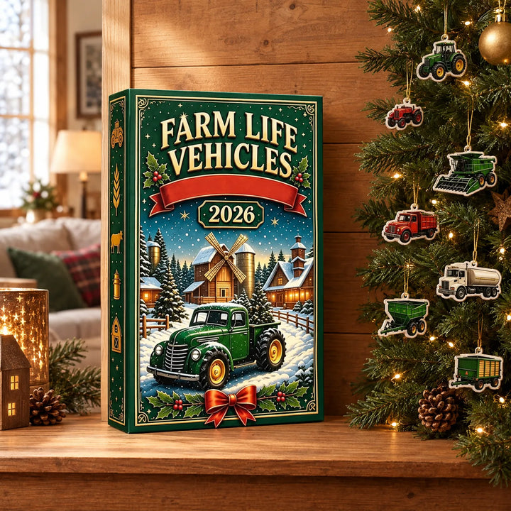 Green holiday-themed advent box with a snowy farm scene, standing on a wooden shelf beside a lit Christmas tree hung with tractor and truck ornaments. 1
