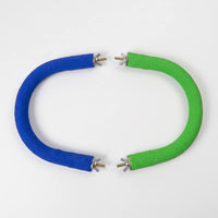 Two curved perches, one blue and one green, laid facing each other, each with a bolt and wing nut. 7
