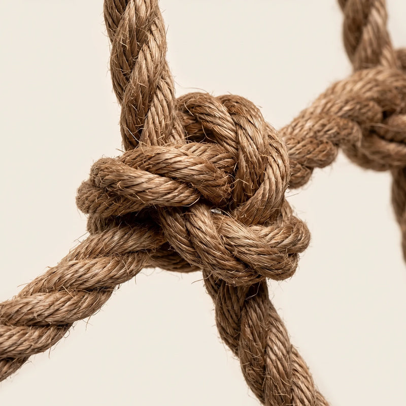 Close-up of a thick twisted rope knot where the net's strands cross, showing the fibres and weave. 4