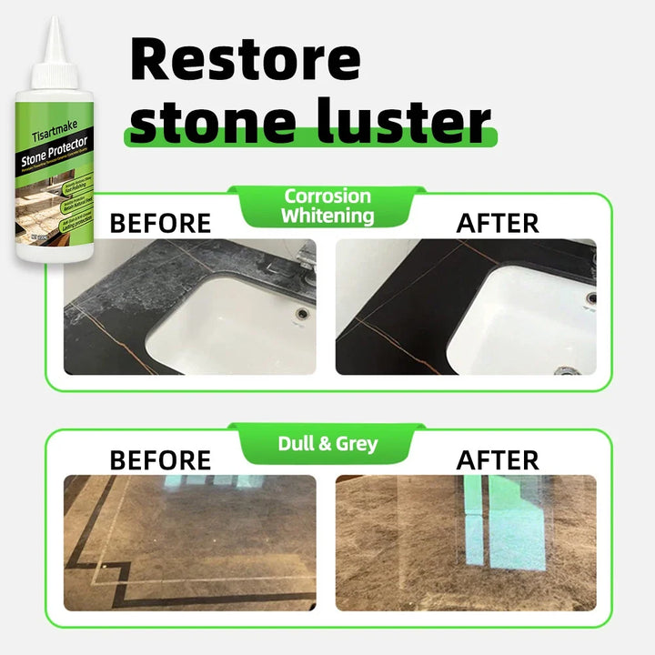 Bottle above before-and-after comparisons of a whitened black sink top and a dull tiled floor 3