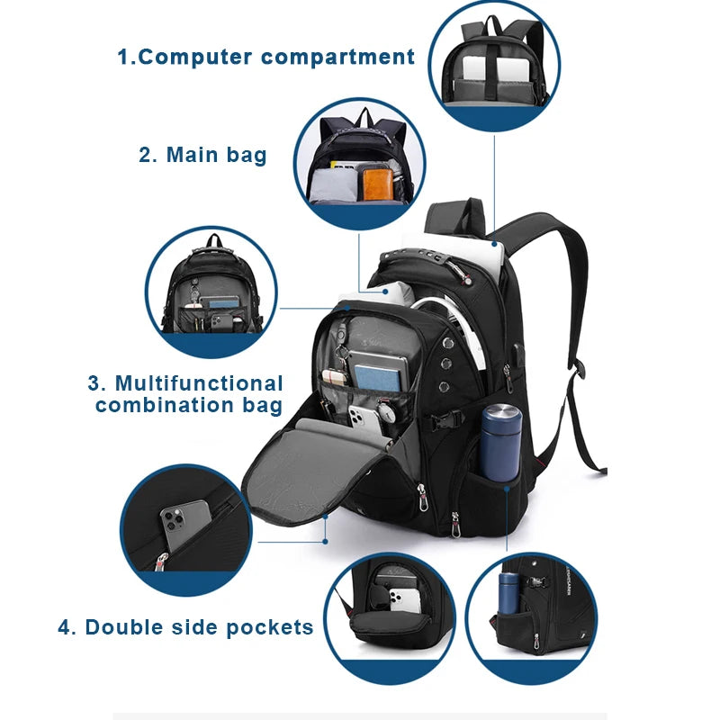 Extra-Large Waterproof Laptop & Travel Backpack with USB Charging