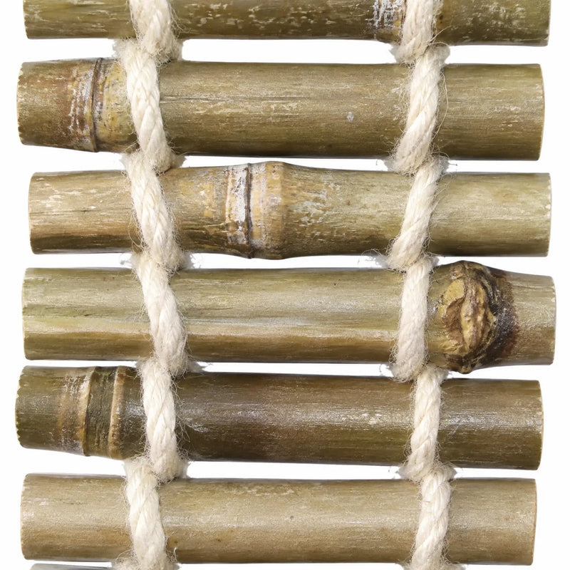 Close-up of the rope bridge's rungs, showing natural knotted wood grain and thick cream rope tied around each stick. 3