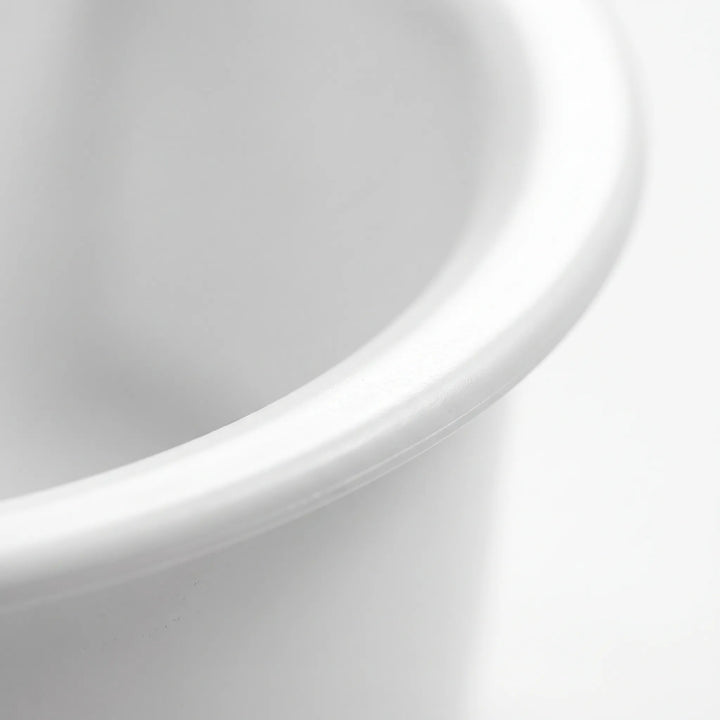 Close-up of the smooth, rounded rim of the white plastic bowl against a pale background. 3