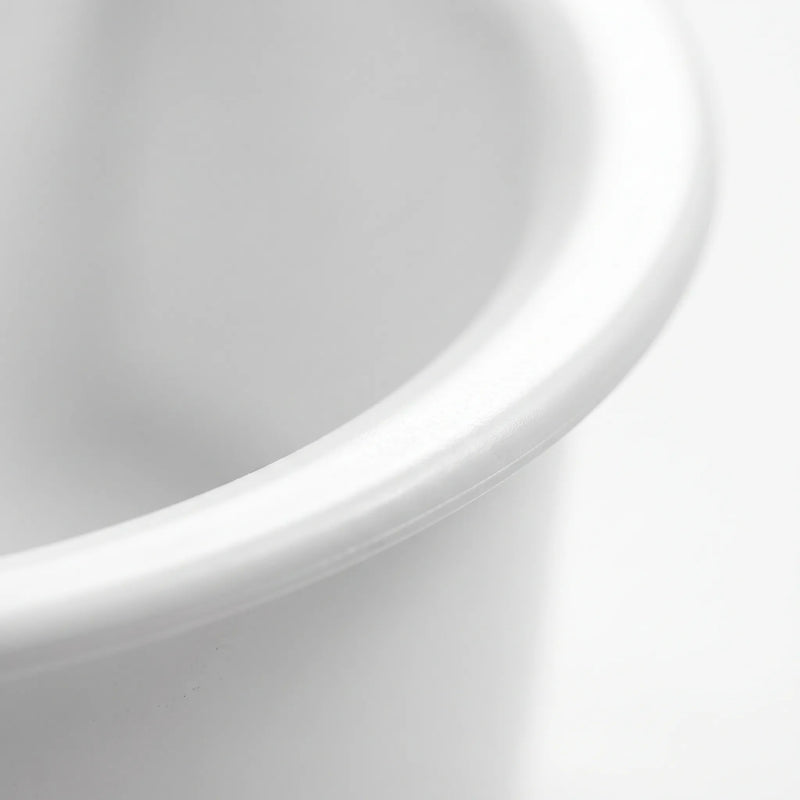 Close-up of the smooth, rounded rim of the white plastic bowl against a pale background. 3