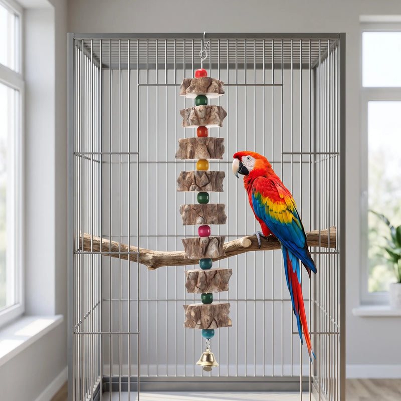 Toy hanging in a tall wire cage beside a perch, with a red macaw parrot standing next to it. 2
