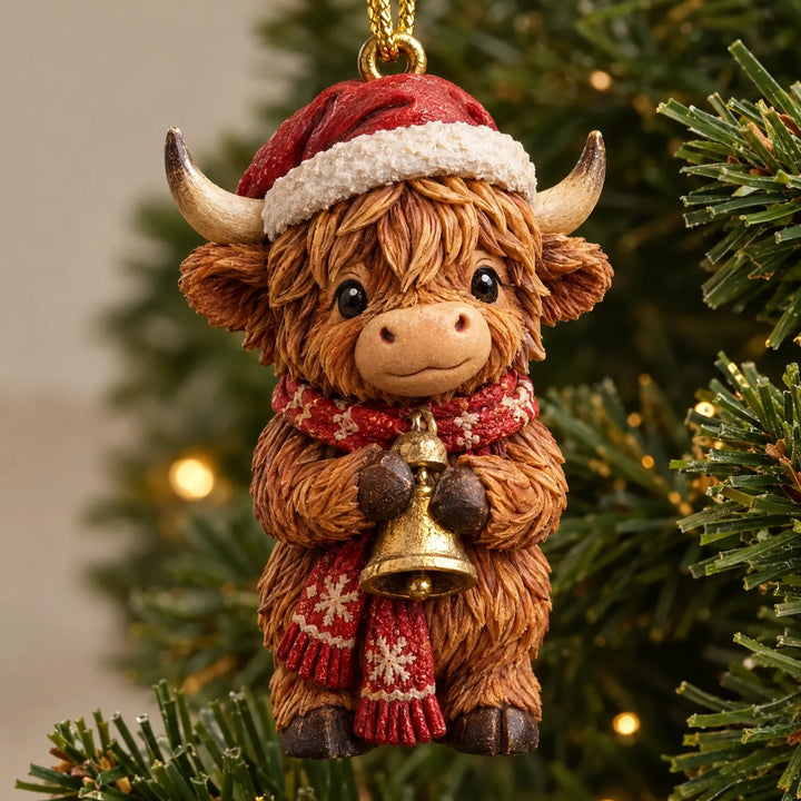 Close-up of a shaggy Highland cow ornament in a red Santa hat and snowflake scarf, holding a golden bell. 3