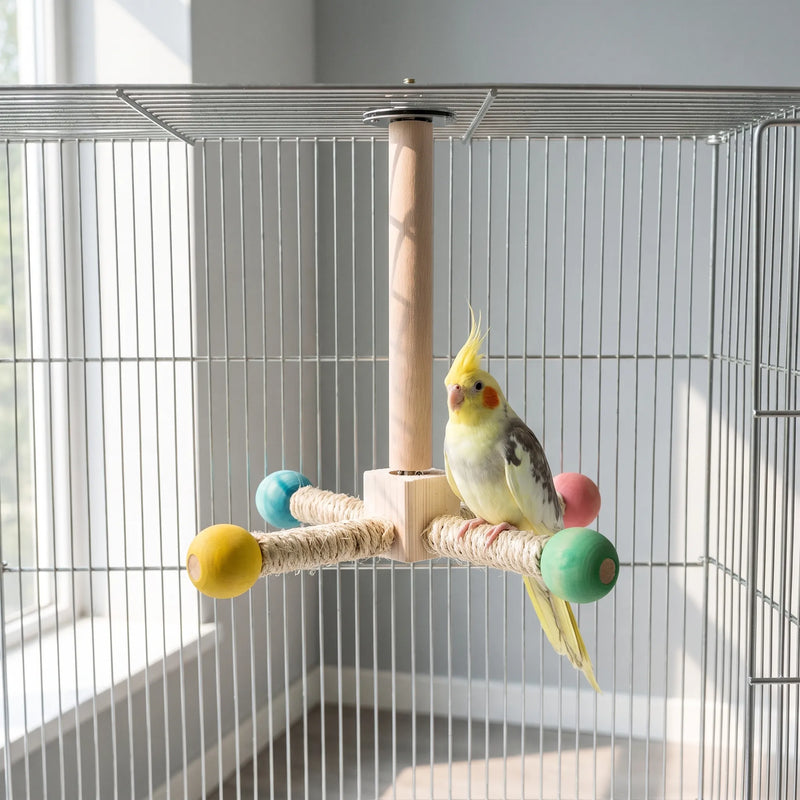 Perch hung from the top of a wire cage with a yellow cockatiel standing on one sisal arm beside a sunny window. 2