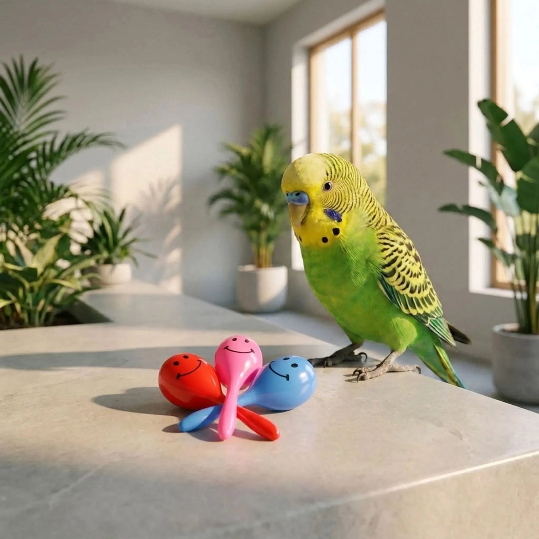 A green and yellow budgerigar perched on a stone surface beside three smiley-face maraca rattles in red, pink and blue, with houseplants behind. 2