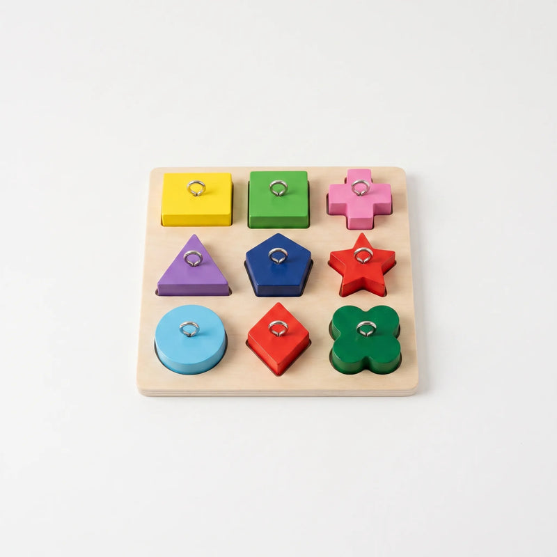 Top view of a wooden shape-sorting board with nine colourful blocks, each with a metal ring, seated in matching cut-outs. 1