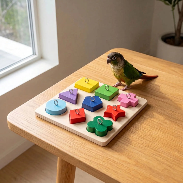 Green-cheeked conure standing beside the colourful shape-sorting board on a wooden table by a window, showing its use with a pet bird. 2