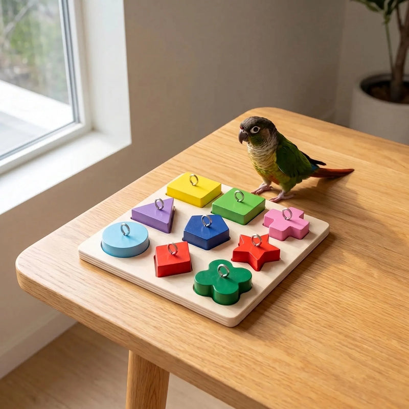 Green-cheeked conure standing beside the colourful shape-sorting board on a wooden table by a window, showing its use with a pet bird. 2