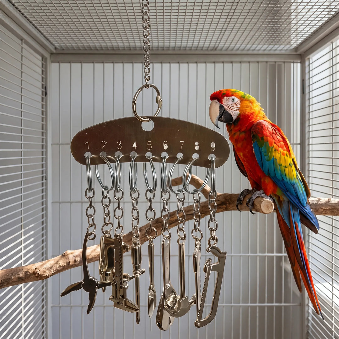 Hanging tool toy inside an aviary, with a red, yellow and blue macaw perched on a wooden branch beside it. 2
