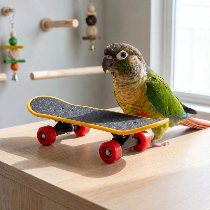 Green and orange parrot standing beside the miniature skateboard on a wooden surface, with hanging toys and perches behind. 2