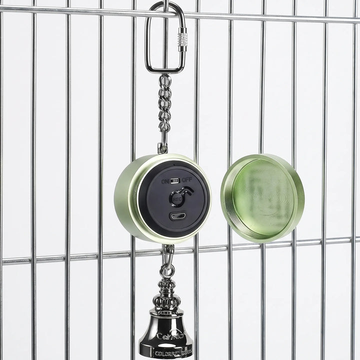 Green version hanging from cage bars with its screw-off cap removed beside it, revealing the black panel with switch, record button and charging port. 4
