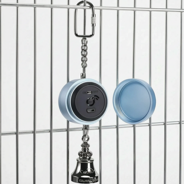 Blue version hanging from cage bars with its screw-off cap removed beside it, revealing the black panel with switch, record button and charging port. 5
