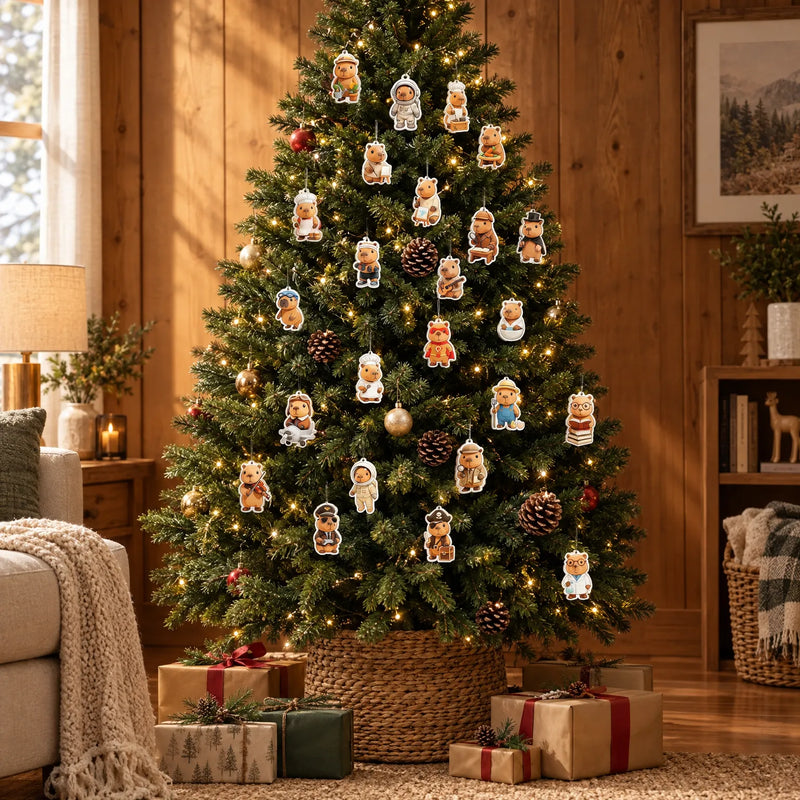 Small capybara character ornaments in different costumes hanging on a lit Christmas tree in a cozy wood-paneled room, with wrapped gifts below. 1