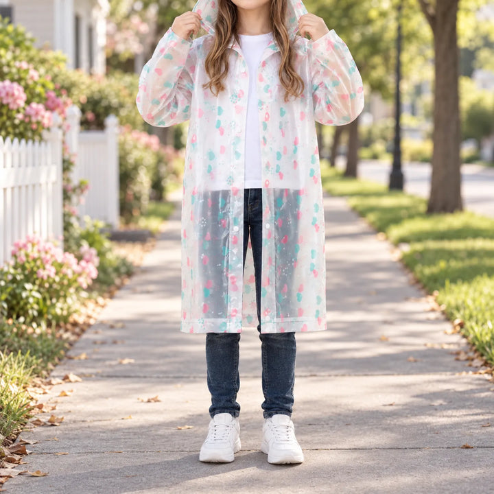 Girl in a translucent heart-print raincoat over a white tee and jeans, holding the hood on a sunny residential sidewalk. 1
