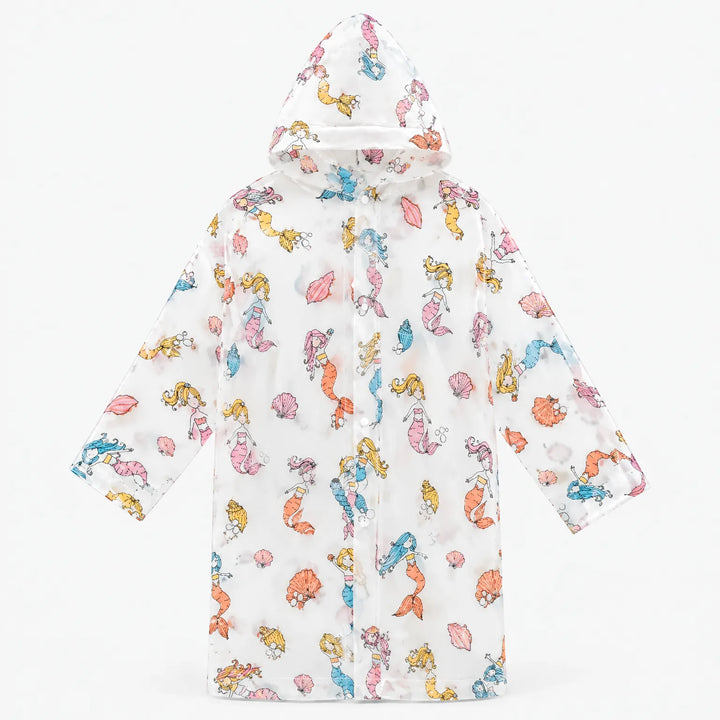 Flat lay of the clear hooded raincoat printed with colourful mermaids and seashells, fastened with snap buttons. 9
