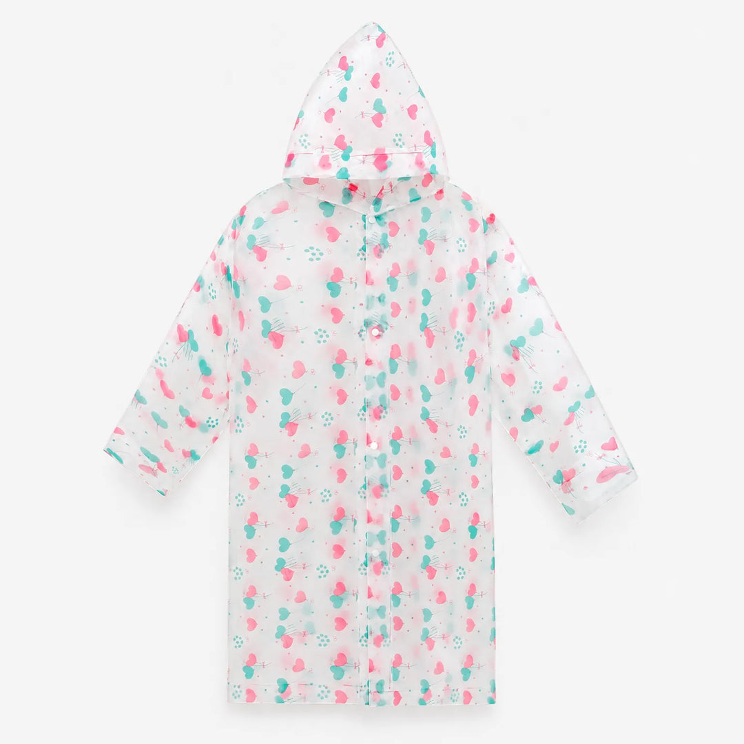 Flat lay of the clear hooded raincoat with pink and teal heart balloon print, buttoned up the front. 6