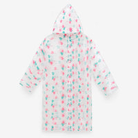 Flat lay of the clear hooded raincoat with pink and teal heart balloon print, buttoned up the front. 6