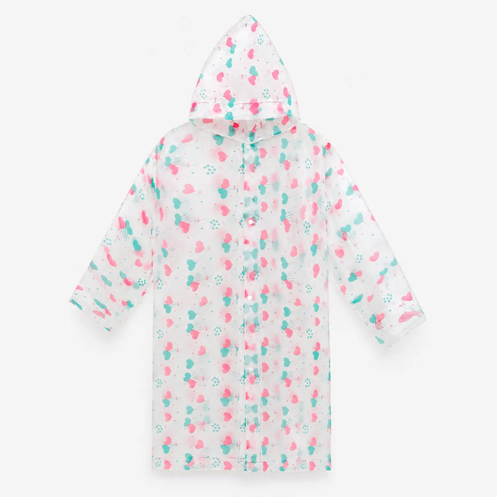 Flat lay of the clear hooded raincoat with pink and teal heart balloon print, buttoned up the front. 6