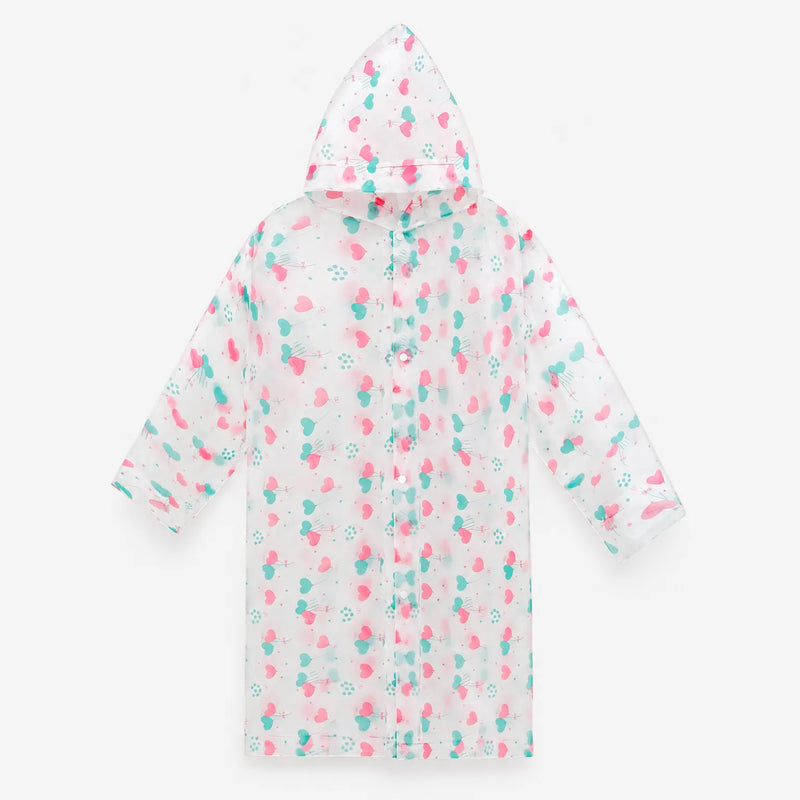 Flat lay of the clear hooded raincoat with pink and teal heart balloon print, buttoned up the front. 6