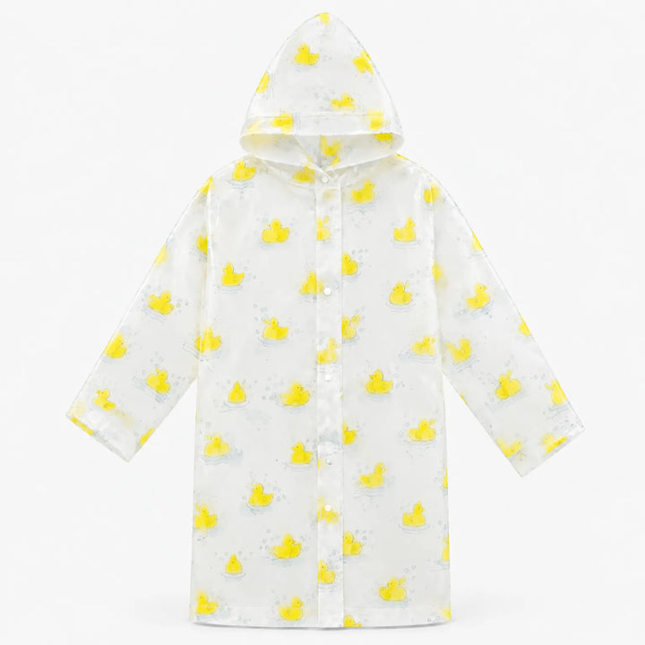 Flat lay of the clear hooded raincoat covered in yellow rubber ducks and bubbles, with snap buttons down the front. 7