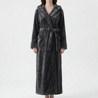 Front view of the robe in dark charcoal grey with a soft crushed texture, hood, belt and two pockets. 7