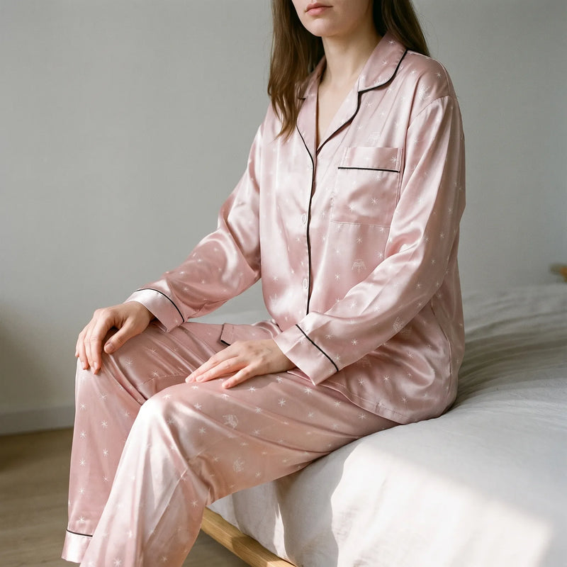 Woman sitting on the edge of a bed in the pink satin star-print pyjamas with black piping, in soft daylight. 1