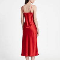 Back view of the red satin nightdress on a model, showing thin adjustable straps, gathered back neckline and flowing skirt. 3
