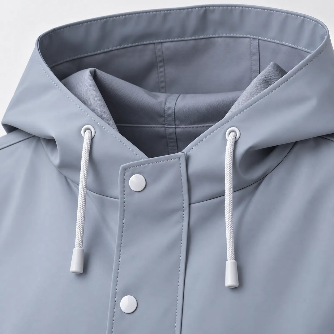 Close-up detail of the grey-blue hood with white drawstrings, metal eyelets, stitched seams and snap button placket. 6