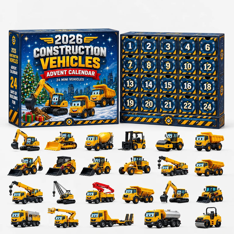 Festive blue box with smiling cartoon excavator and dump trucks by a Christmas tree beside numbered drawers, with 24 cheerful yellow miniature construction vehi 11