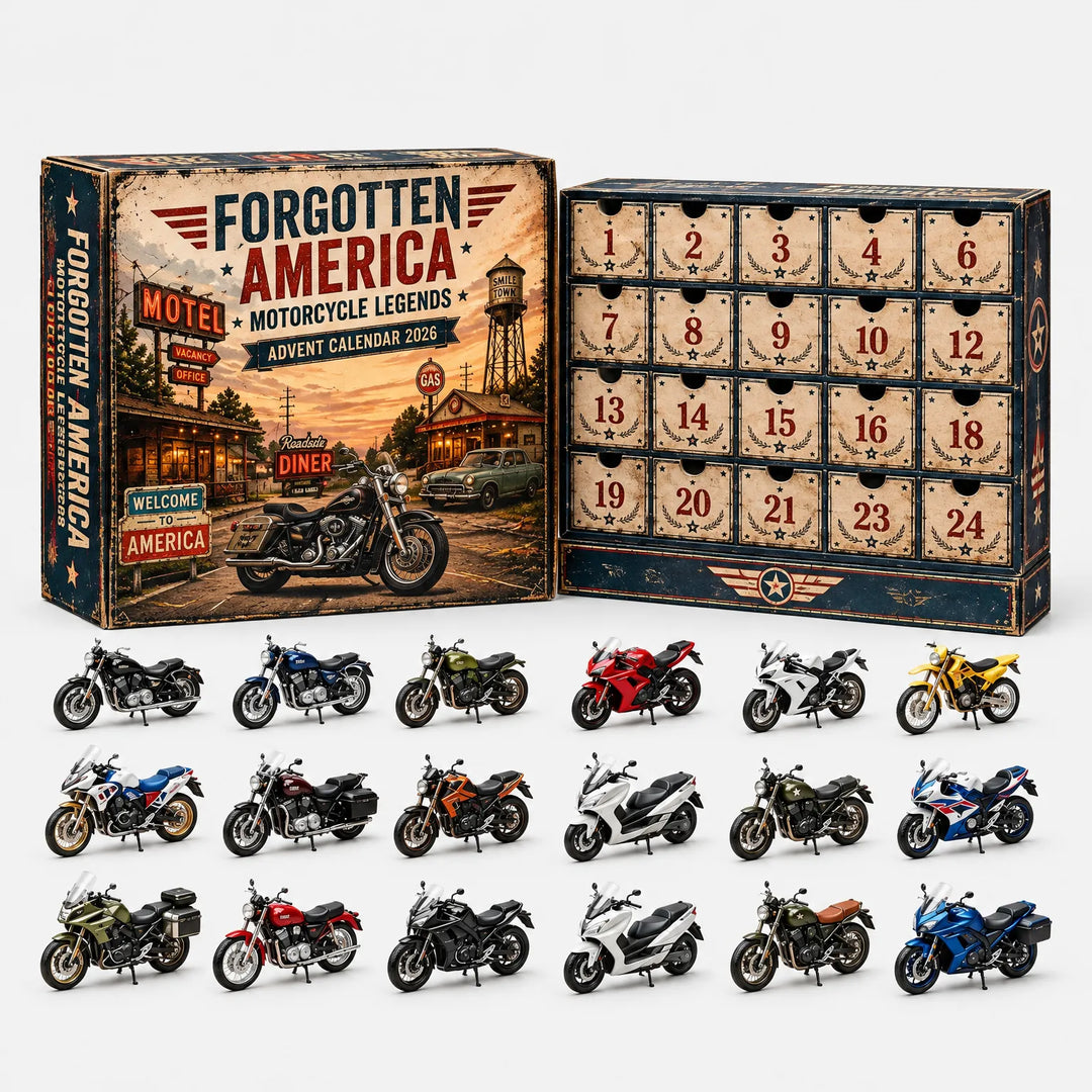 Weathered vintage-style box showing a roadside motel and diner scene beside open drawers, with 18 miniature motorcycles arranged in rows beneath. 4