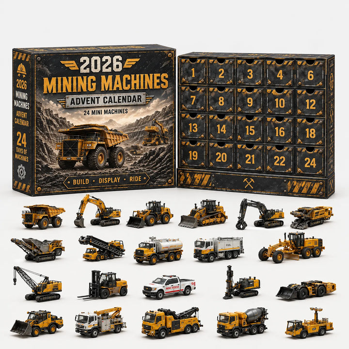 Black and yellow box with a mining dump truck scene beside numbered drawers, with 22 miniature yellow mining machines and trucks arranged below. 8