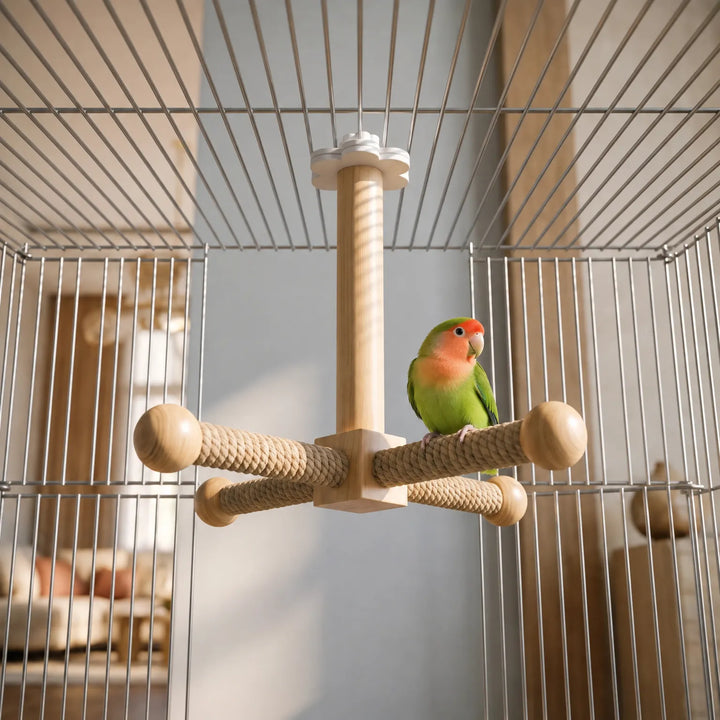 Perch hanging from the roof of a wire cage, with a green and orange lovebird standing on one rope-wrapped arm. 2