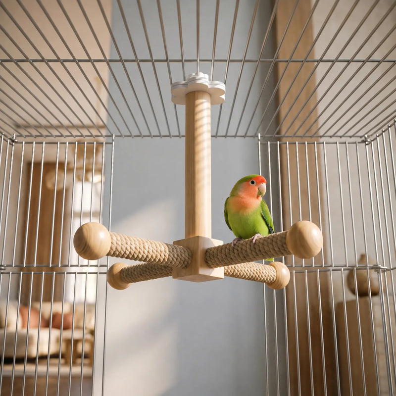 Perch hanging from the roof of a wire cage, with a green and orange lovebird standing on one rope-wrapped arm. 2