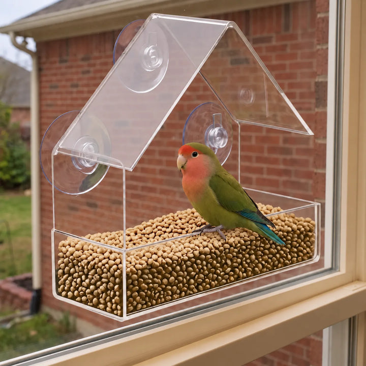 Feeder stuck to a window with suction cups, a green and orange parrot perched on the seed-filled tray, brick house behind. 2