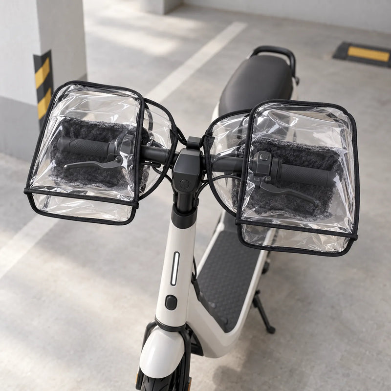 Clear handlebar muffs with dark fleece lining mounted on a white electric scooter in a concrete parking garage, seen from above. 3