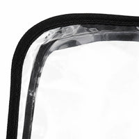Close-up of a muff corner showing clear plastic panel edged with woven black binding on a white background. 5