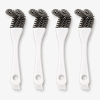 Four white-handled cage brushes standing upright side by side, each with grey bristle heads and a hanging hole at the base. 1