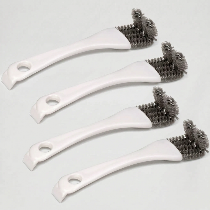Four white-handled brushes laid diagonally in a flat lay, showing the curved handles, hanging holes, scraper ends and grey bristle heads. 4