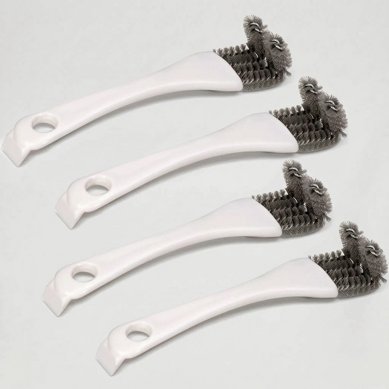 Four white-handled brushes laid diagonally in a flat lay, showing the curved handles, hanging holes, scraper ends and grey bristle heads. 4