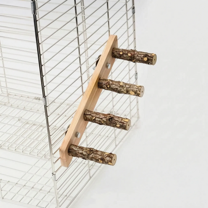 Four-rung ladder fixed to a wire cage, with darker, more heavily textured bark on the branch rungs. 5