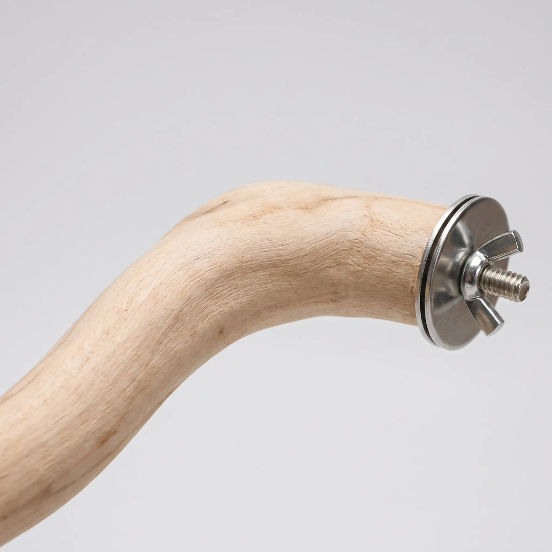 Close-up of the perch's mounting end, showing a steel washer, bolt and wing nut fixed to the bend of the wood. 3