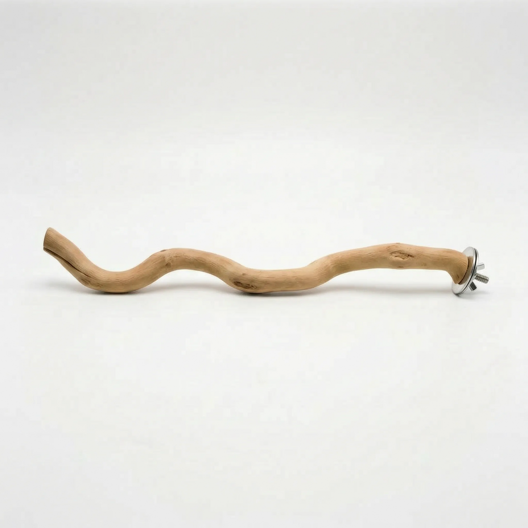Long, winding wooden branch perch lying flat, with the metal bolt, washer and wing nut fitting at the right-hand end. 4