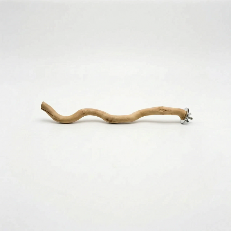 Slimmer, twisting wooden perch with a few small knots, shown flat with its metal washer and wing nut at one end. 6