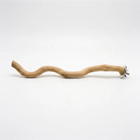 Full-length winding wooden perch photographed side-on in sharp detail, showing the bark-free grain, knots and the metal fixing hardware at the end. 7
