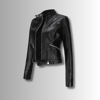 Black cropped biker-style jacket seen at an angle on a grey gradient, unzipped, with zip pockets 1