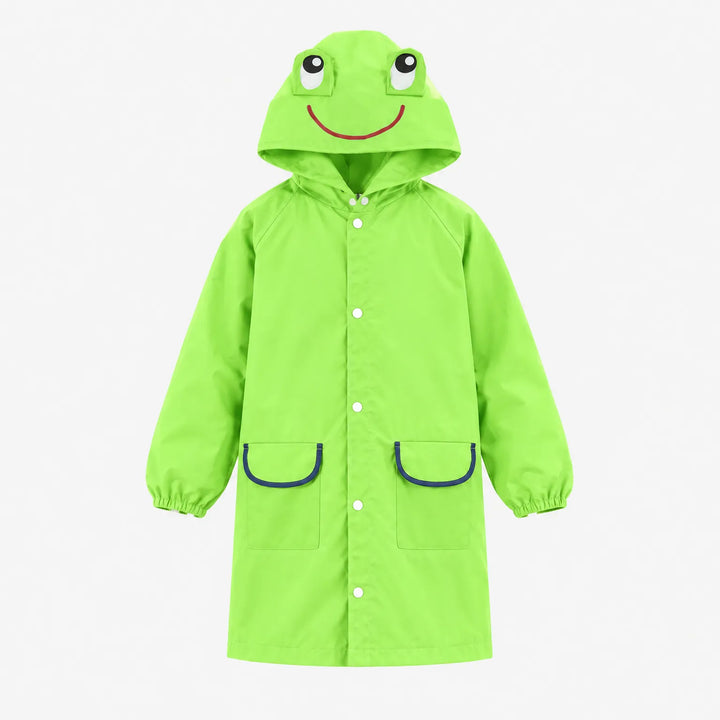 Green frog rain jacket with a smiling face and raised eyes on the hood, front view with snaps and navy-trimmed pockets. 8